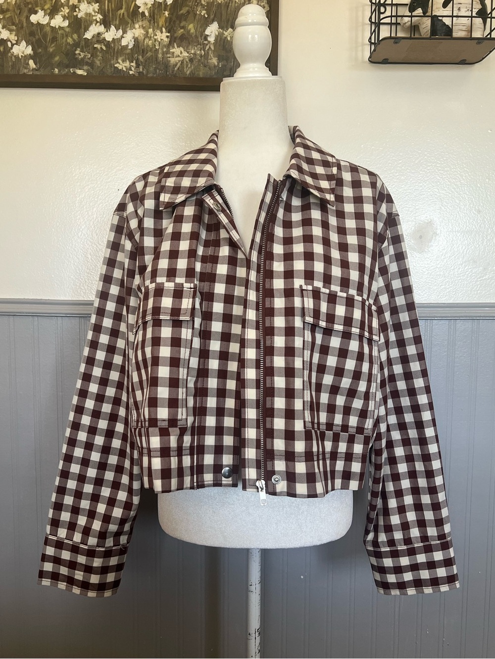 NWOT A New Day Cropped Brown Gingham Jacket